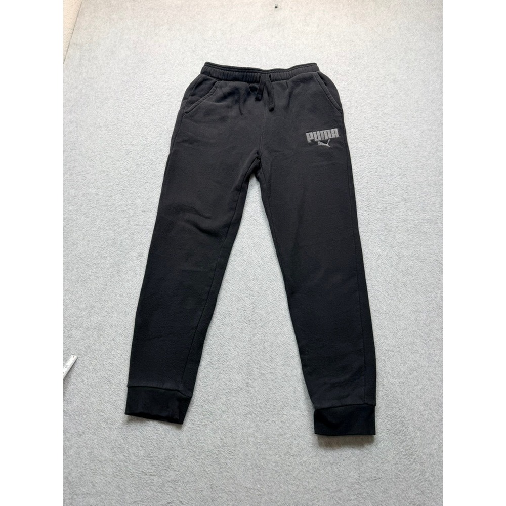 Puma Boys Fleece Joggers Black Silver Logo Sweatpants Size L 10-12